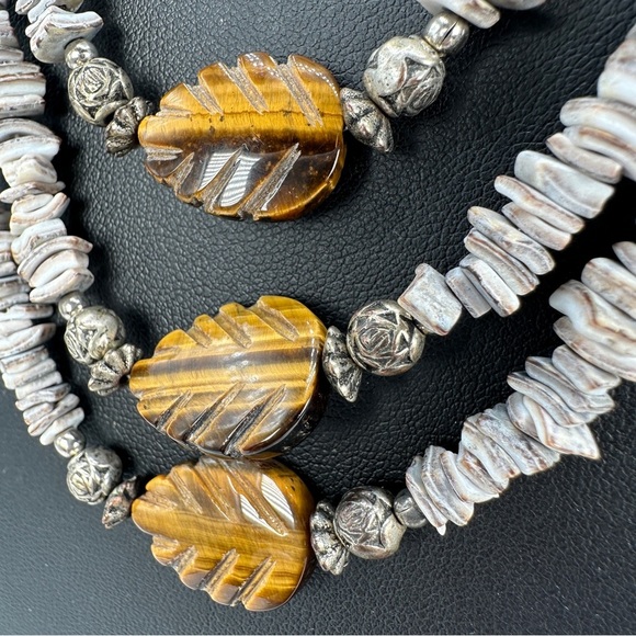 Natural Carved Tigers Eye Necklace Three Strands 925 Sterling Silver Clasp Boho - Picture 4 of 11